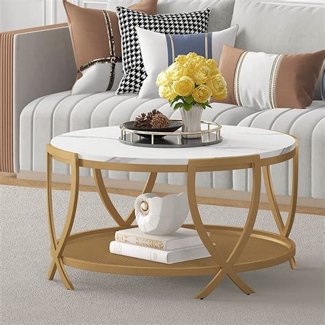 2 Tier Round Coffee Table With Storage Open Shelf 36 Inch Industrial Sofa Cocktail Table For