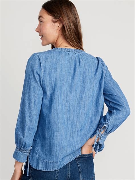 Split Neck Puff Sleeve Jean Blouse Old Navy