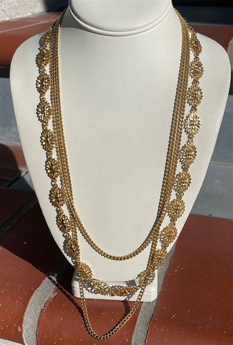 Vintage Monet Three Strand Gold Tone Chain Necklace Gem