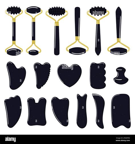 Big Set Of Different Gua Sha Stones And Rollers Are Made Of Black