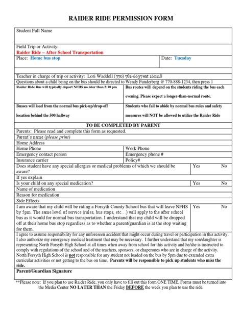 Raider Ride Permission Form Home Bus Stop Tuesday Business Transport