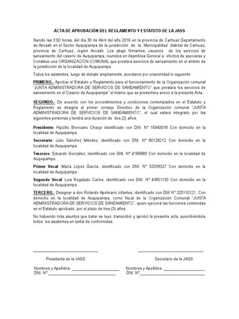 11 Acta De Aprobación Del Reglamento Y Estatuto De La Jass Pdf