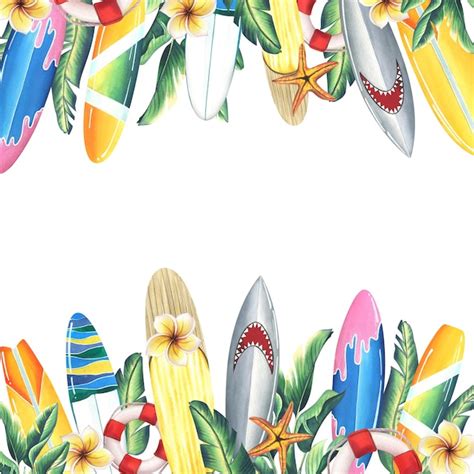 Diferentes Pranchas De Surf Brilhantes Folhas Tropicais E Flores De