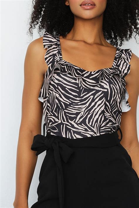 Black Zebra Frill Wide Leg Jumpsuit Womens Jumpsuits Select Fashion