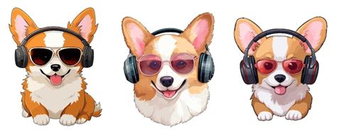 Perros Corgi Con Auriculares Y Gafas De Sol Ilustraci N Vectorial Sobre