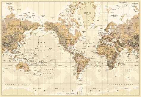 Brown Detailed Vintage Worldmap Wall Murals | Giffywalls