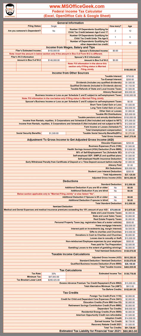 Federal Income Tax Calculator 2024 - MSOfficeGeek