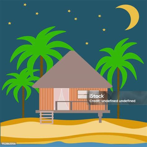 Rumah Abstrak Vektor Bungalow Kayu Di Pantai Di Pasir Dengan Pohonpohon Palem Ilustrasi Stok