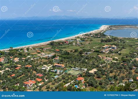 Panorama Of Agios Ioanis Beach With Blue Waters Lefkada Ionian