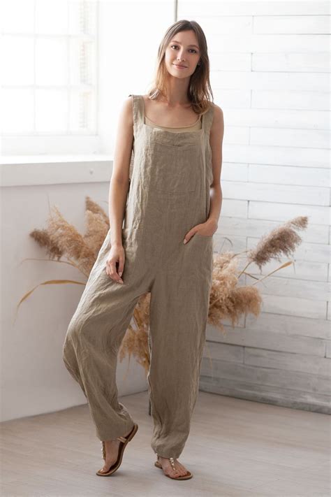 Loose Linen Jumpsuit Beige Jumper Linen Overall Natural Romper