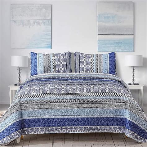 Amazon Wongs Bedding Boho Quilt Set King Size Blue Bohemian