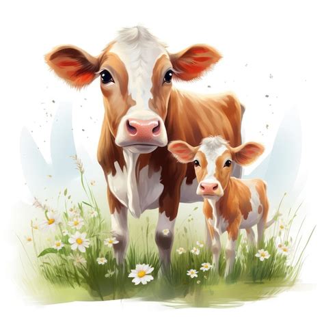 Ilustración en acuarela de una familia de vacas madre vaca y ternero