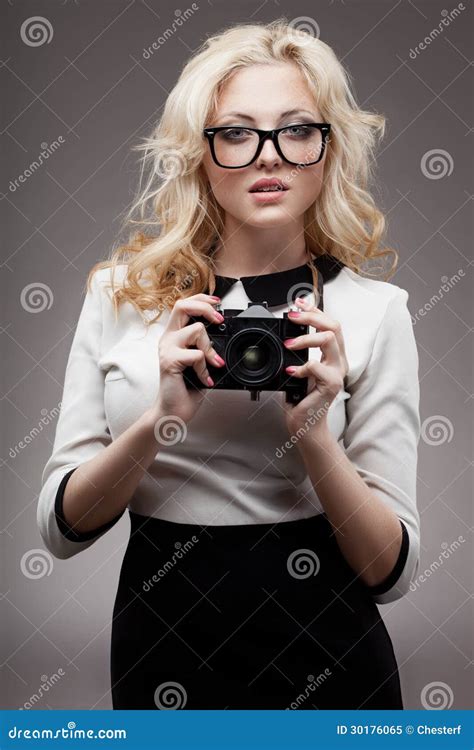 Blonde Girl With Camera Wearing Eyeglasses Stock Image Image Of