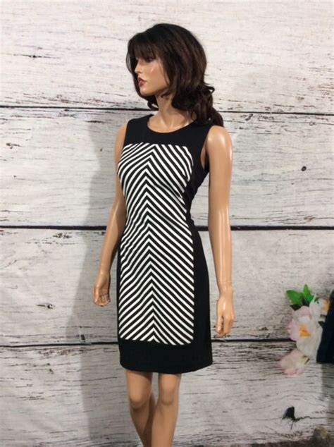 Womens Calvin Klein Black White Diagonal Stripe Sheath Sleeveless