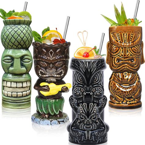 Tiki Glasses For Cocktails Tiki Mugs Set Of 4 Ceramic Tiki Party Cups Bar Decor