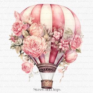 Pink Hot Air Balloon Watercolor Clipart PNG Flower Baby Shower Nursery Baby Girl Adventure
