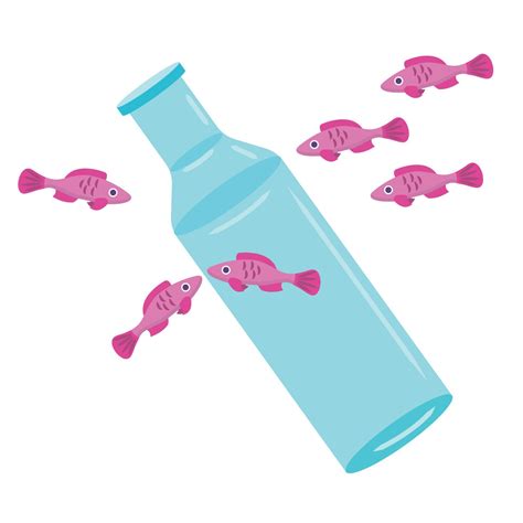 Silhouette of a pink fish in a bottle. Ocean pollution concept. Flat