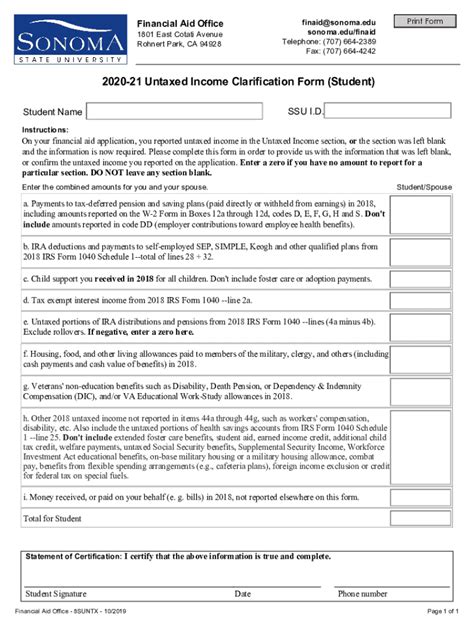 Fillable Online Untaxed Income Clarification Form Student Fax Email