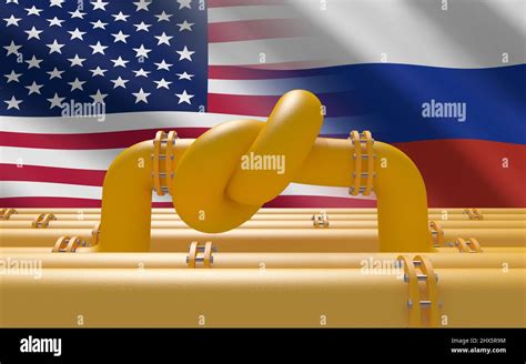 Fuel Gas Pipeline With A Knot On Background Of Usa And Russian Flags