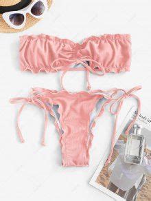 ZAFUL Textured Lettuce Trim Tie Side Bandeau Bikini Swimwear In LIGHT