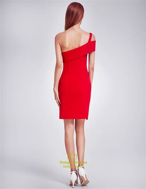 Elegant Short Red One Shoulder Sheath Cocktail Dress With Side Slit Vampal Dresses