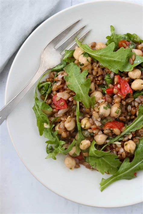 Rye Berry Salad with Chickpeas, Roasted Red Peppers and Arugula - True ...