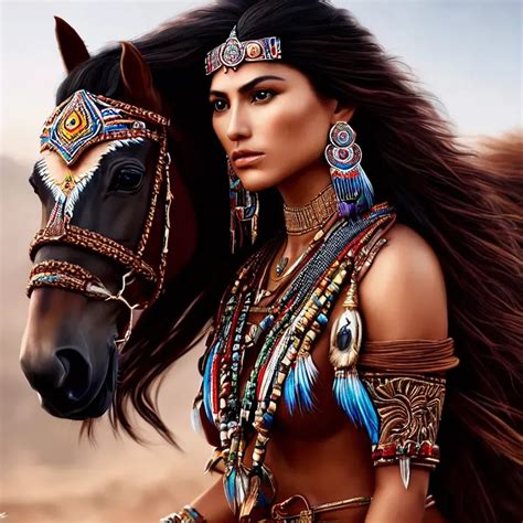 Portrait Of A Beautiful Apache Woman On A Mustang P