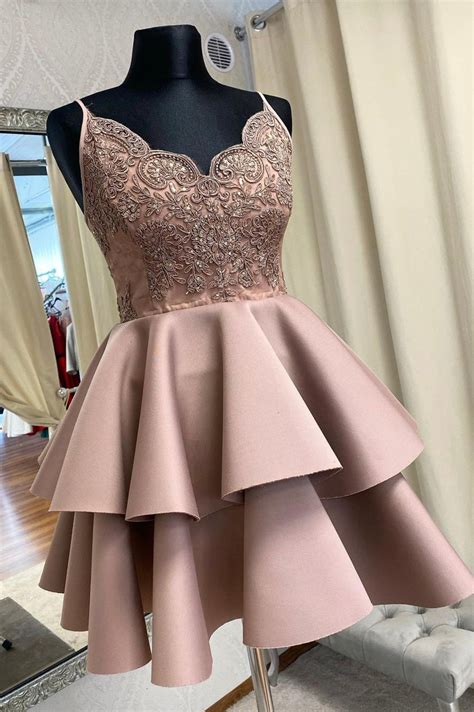 Cute V Neck Lace Short Prom Dress A Line Spaghetti Straps Homecoming