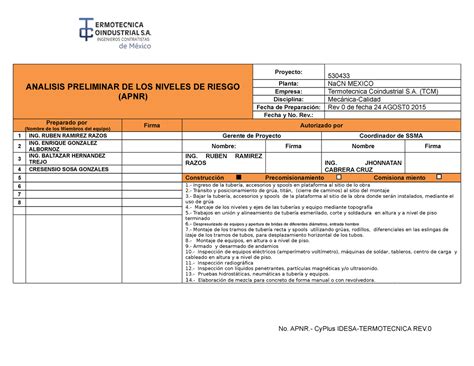 TCM APNR 01 Analisis De Riesgos ANALISIS PRELIMINAR DE LOS NIVELES