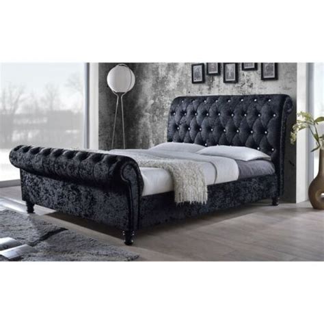 Chesterfield Buttoned Tufted Sleigh Roll Bed Handmade Crushed Velvet