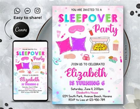 Editable Sleepover Birthday Invitation Template Printable Birthday