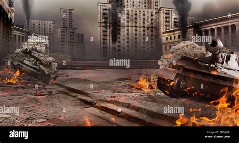 Photo Of A City War Battlefield Background With Burning Tanks And