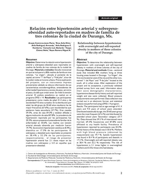 Pdf Relación Entre Hipertensión Arterial Y Sobrepeso Obesidad Auto Reportados En Madres De