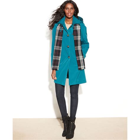 Lyst - London Fog Singlebreasted Hooded Raincoat with Plaid Scarf in Blue