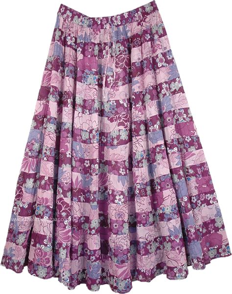 Lilac Floral Cotton Summer Full Maxi Skirt Purple Patchwork Misses