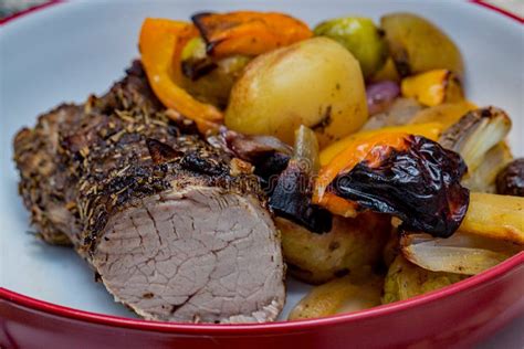 Roast Beef and Roasted Vegetables in a Bowl Stock Photo - Image of ...