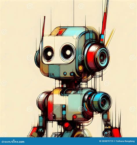 Minimalist Painting Of Sci Fi Cute Robot Pen And Ink Sketch Stock