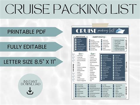 Cruise Packing List Template Printable Packing List for Cruise Editable Cruise Packing List ...