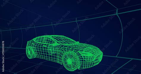 Image Of 3d Technical Drawing Of A Car In Green With Moving Grid In