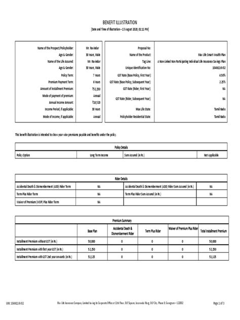 Benefit Illustration: UIN: 104N116V02 Page 1 of 3 | PDF | Insurance ...