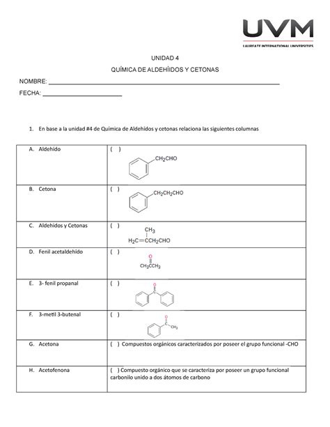 Actividad Rxn De Aldehidos Y Cetonas Unidad Qu Mica De Aldeh Idos