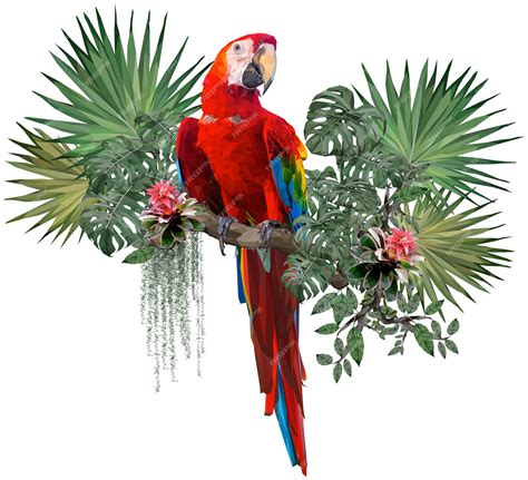 Illustration Polygonale Dessin Doiseau Ara Rouge Avec Des Plantes De