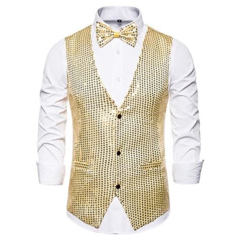 Gilet De Costume Homme Slim Col V Sans Manche Soirée Couleur Unie Avec Paillettes Or Or