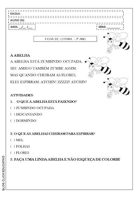 Ficha De Leitura Para Ano A Abelha Para Imprimir E Colorir Clicks