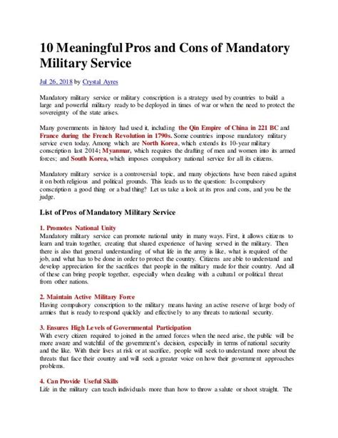 Mandatory Military Service Pros And Cons