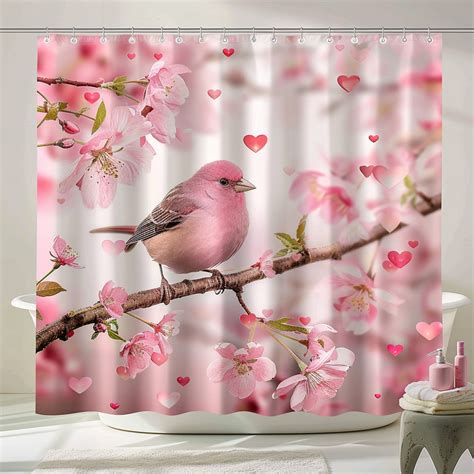 Romantic Pink Bird And Cherry Blossom Shower Curtain Delicate Hearts