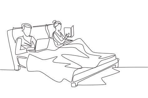 Single Continuous Line Drawing Couple Spending Time In Bed With Comfortable Mattress Before