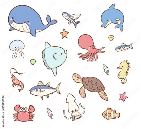 海の生き物のかわいい手描きイラストセット Stock Illustration Adobe Stock