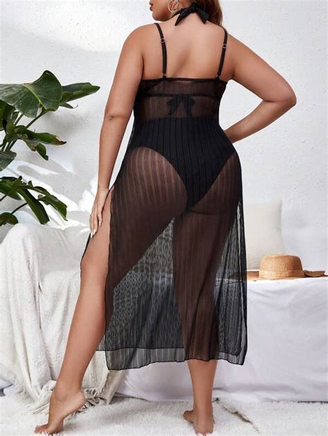 Plus Split Thigh Halter Neck Mesh Cover Up Dress Without Bikini Set