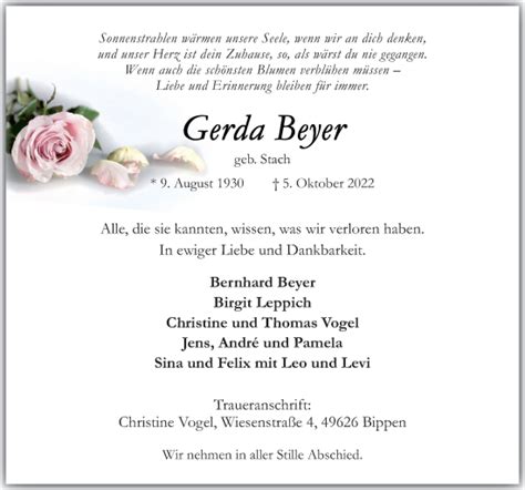 Traueranzeigen Von Gerda Beyer Noz Trauerportal